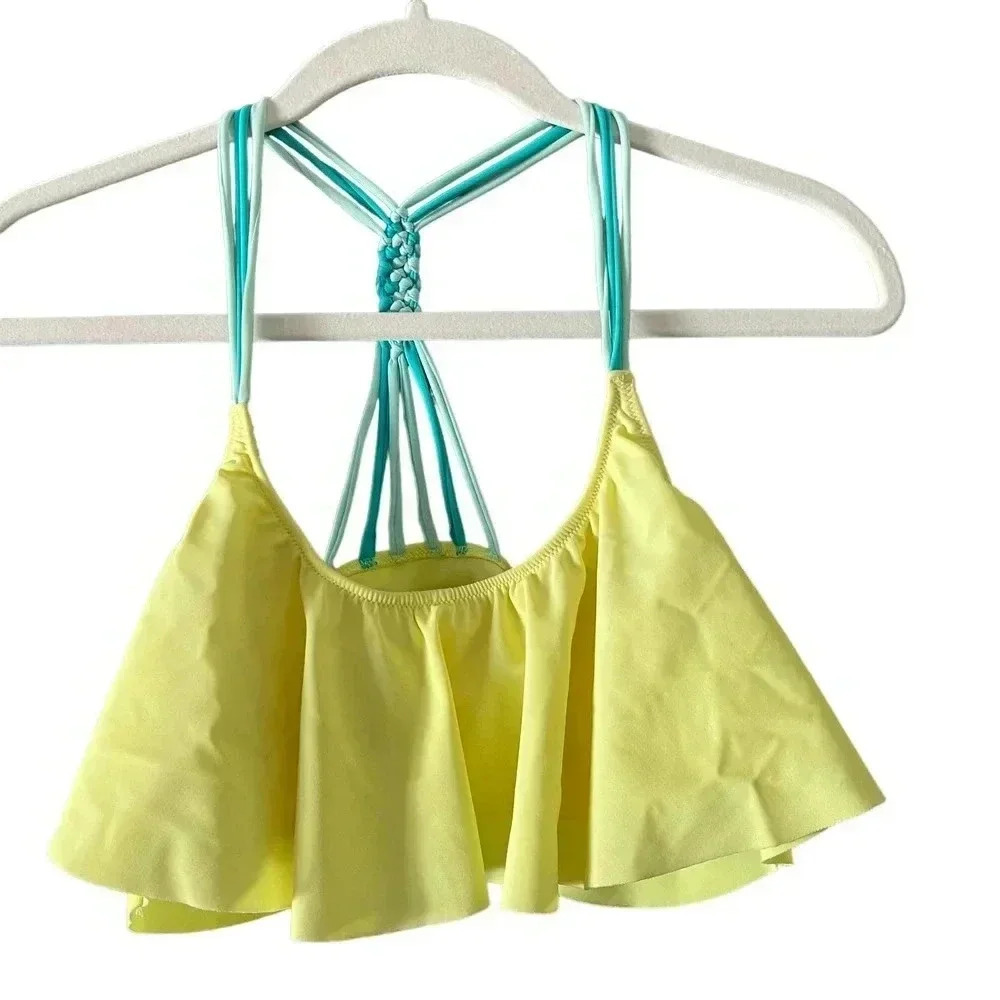 PINK Victoria's Secret Yellow Flounce Bikini Top with Teal Straps